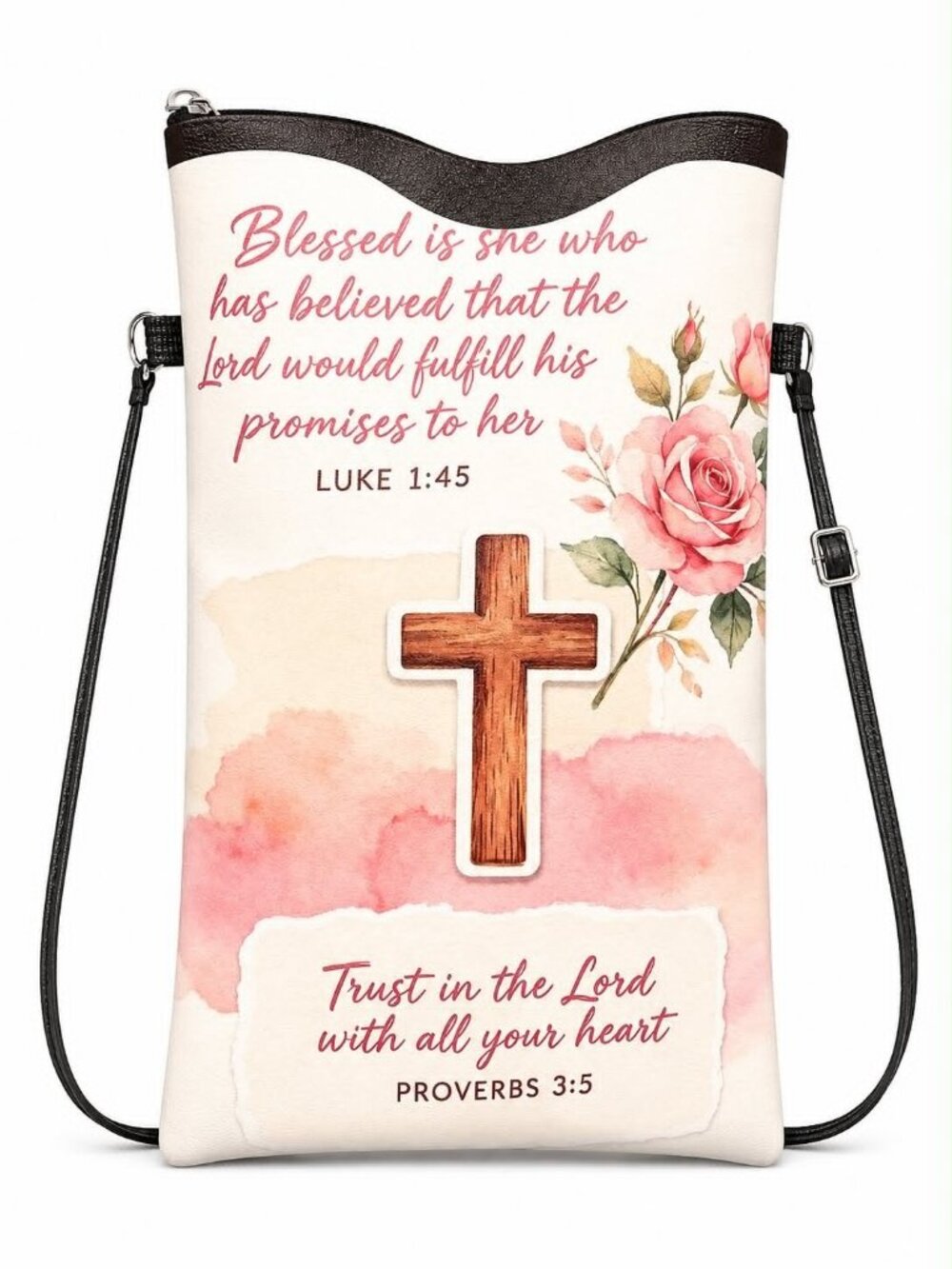 Christian Bible Verse Phone Crossbody Bag with Adjustable Black Strap